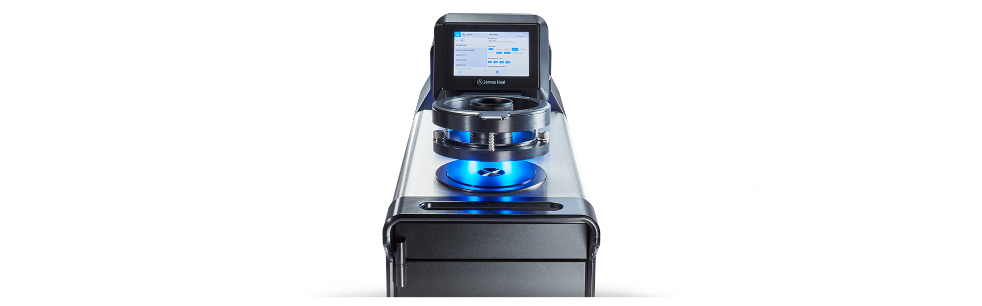 James Heal - AirPro air permeability tester - close up of uplit testing head and touchscreen