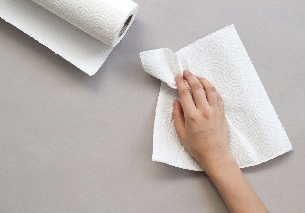 Kitchen roll wiping grey surface