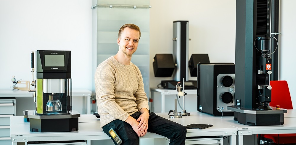 Lucien Nehl, Engelbert Strauss Lab Manager, with James Heal textiles testing instruments