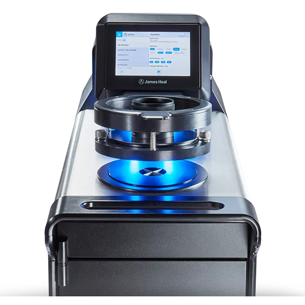 James Heal - AirPro air permeability tester - close up of uplit testing head and touchscreen