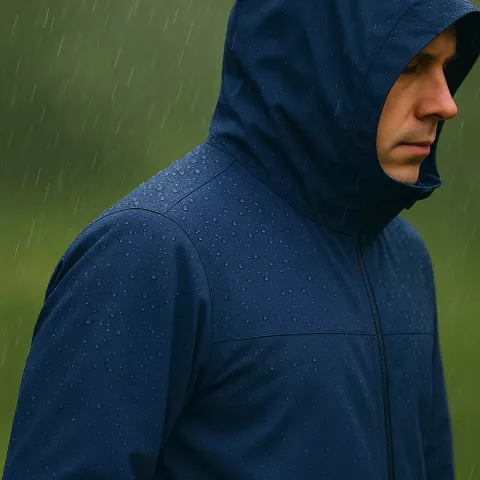 Person in the rain with water droplets settling on hooded raincoat