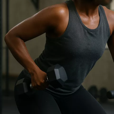 Woman exercising and lifting weights in a gym wearing sportswear
