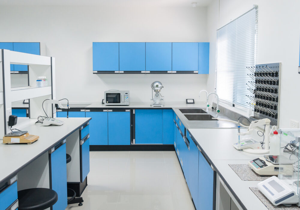 conditioned laboratory for textile testing with blue drawers
